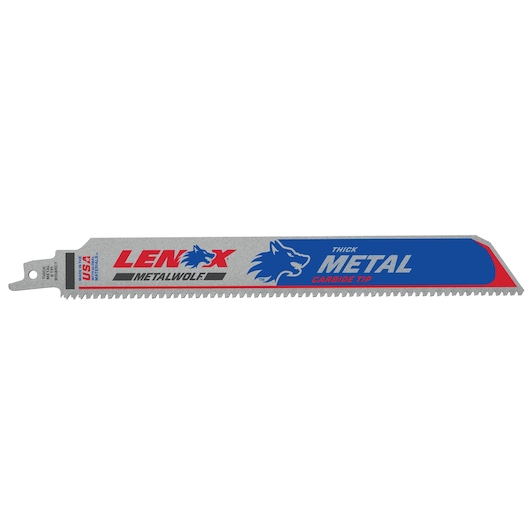 LENOX 2014224 reciprocating saw blade for thick metal, carbide tip, silver with blue and red branding, side angle.