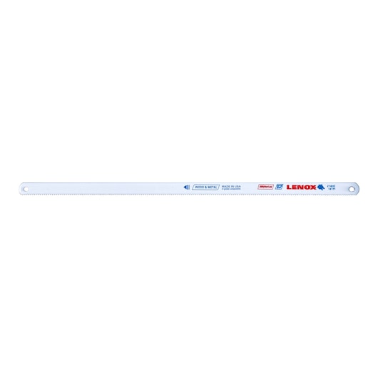 LENOX 20143V214HE hacksaw blade with fine teeth, white, flat side view on white background.