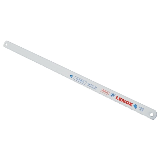LENOX 20144V218HE bi-metal hacksaw blade, white with blue and red branding, angled on white background.