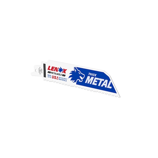 LENOX reciprocating saw blade 201706110r for thick metal, white blade with blue and red branding, front angle.