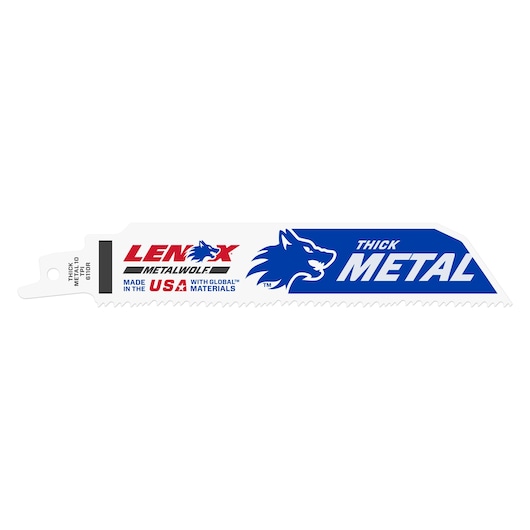 Photo of LENOX reciprocating saw blade for thick metal, SKU 20171B6110R, white background, angled view.