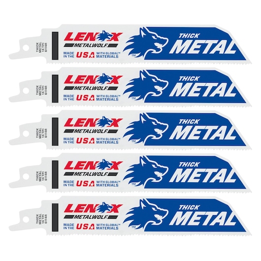 LENOX 201726114R thick metal reciprocating saw blades, white and blue, wolf logo, side angle photo.