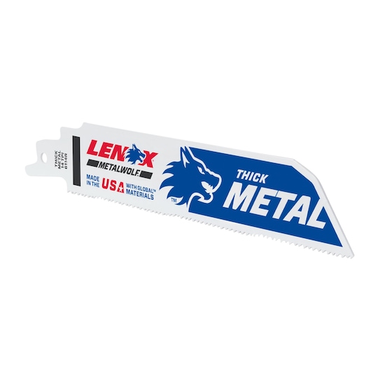 Photo of LENOX 201726114R reciprocating saw blade for thick metal, white with blue and red branding, angled on white background.