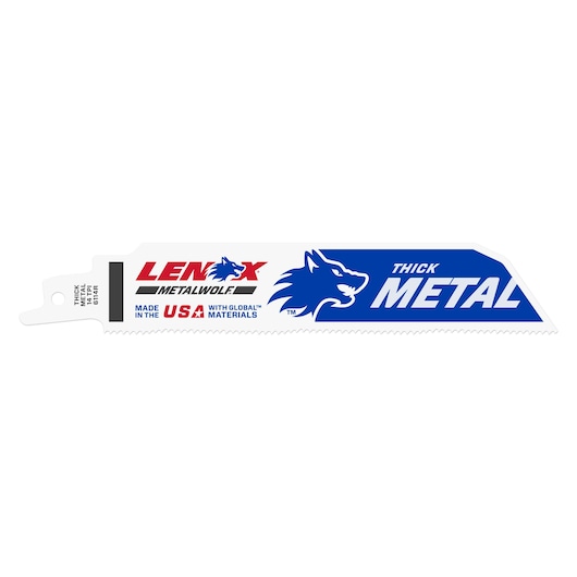 LENOX reciprocating saw blade 20173B6114R for thick metal, white with blue and red branding, straight-on view.