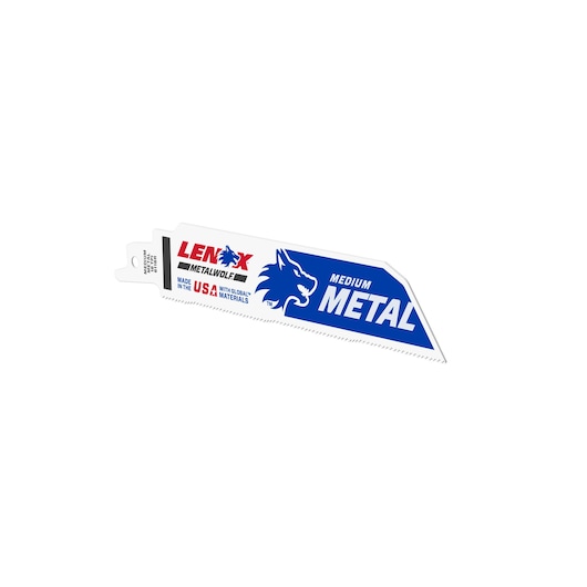 Photo of LENOX 201746118R reciprocating saw blade for medium metal cutting, white with blue and red branding, angle view.