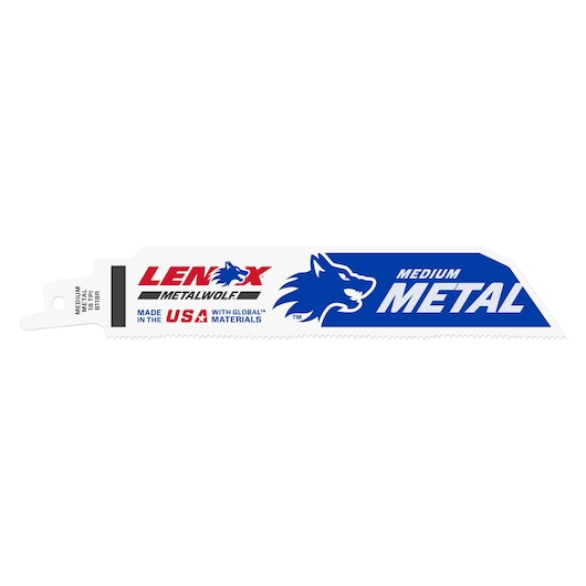 LENOX reciprocating saw blade 201746118R for medium metal, white and blue, wolf logo, side angle on white.