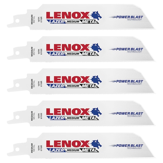 LENOX 201746118R metal reciprocating saw blades, white with red and blue branding, front angle.
