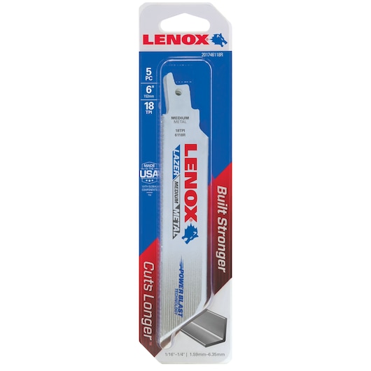 LENOX 201746118R metal reciprocating saw blade pack, 6 inch, 18 TPI, front view on white background.