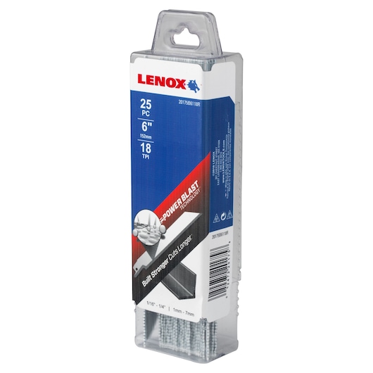 LENOX 20175B6118R pack of 25 6-inch 18 TPI metal cutting reciprocating saw blades in plastic case, angled view.