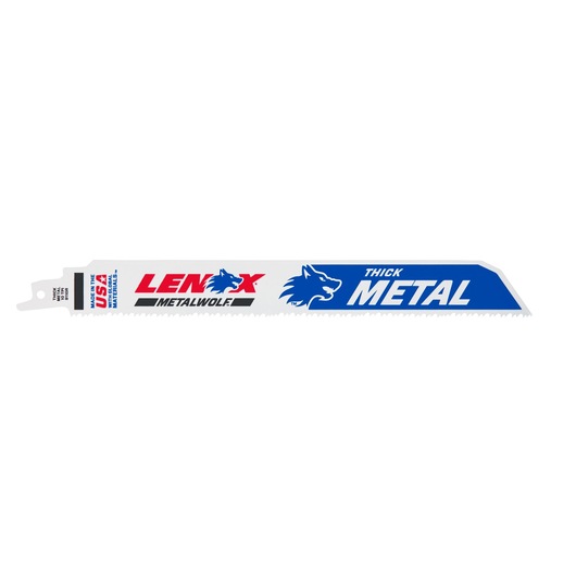 Photo of LENOX 201769110R reciprocating saw blade for thick metal, white with blue and red branding, side view.