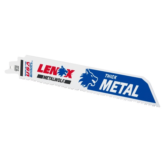 LENOX thick metal reciprocating saw blade, white with blue and red print, angled view, 201769110R.