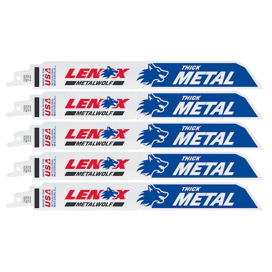 LENOX 201789114R thick metal reciprocating saw blades in white and blue, photography, side angle.