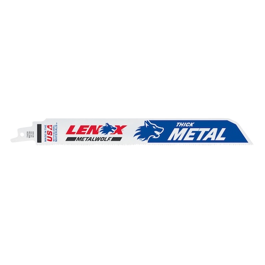 LENOX 201789114R reciprocating saw blade for thick metal, white blade with blue and red logo, side view on white.