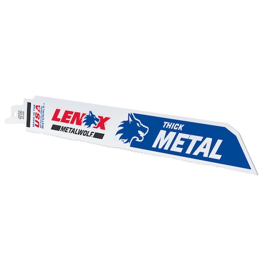 LENOX 201789114R reciprocating saw blade for thick metal, white with blue and red branding, side angle.