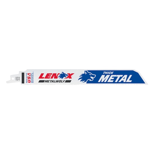 LENOX 20179B9114R reciprocating saw blade for thick metal, white with blue and red branding, side view.