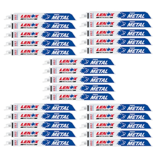 LENOX 20179B9114R thick metal reciprocating saw blades multipack, blue and white, product photography top view.