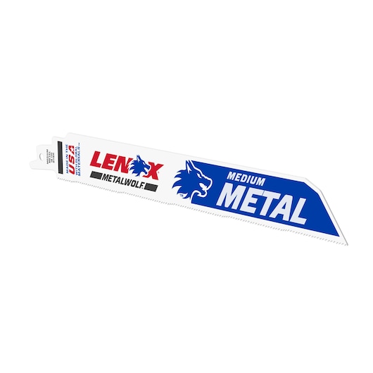 LENOX Metalwolf medium metal reciprocating saw blade 201809118R, white with blue and red logo, angled view.
