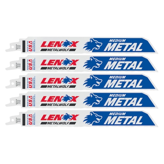 Photo of five LENOX METALWOLF medium metal reciprocating saw blades, SKU 201809118R, white and blue, side angle, on white background.
