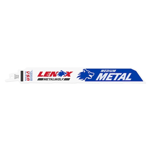 LENOX 20181B9118R reciprocating saw blade for medium metal, white blade with blue and red branding, side angle.