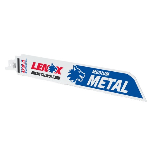 LENOX METALWOLF medium metal reciprocating saw blade, 20181B9118R, white and blue, angled, product on white background.