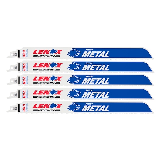 Photo of five LENOX 2018212110R thick metal reciprocating saw blades, white with blue branding, side view.