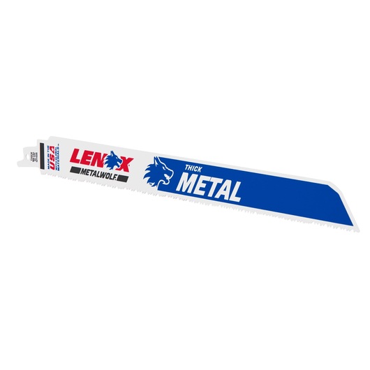 LENOX 2018212110R reciprocating saw blade for thick metal, white blade with blue and red branding, product photography, side angle.