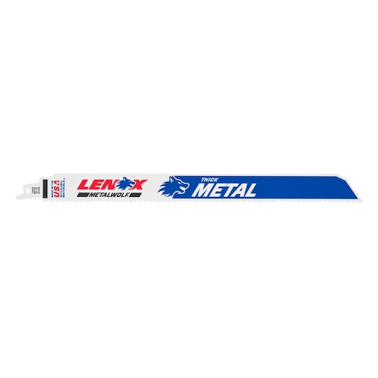 LENOX 2018212110R reciprocating saw blade for thick metal, blue and white, side angle on white background.