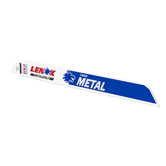 LENOX 20183B12110R reciprocating saw blade thick metal, white blade with blue and red branding, side angle.