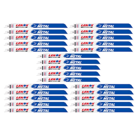 LENOX 20185B12114R reciprocating saw blades set, blue and white, thick metal cutting, front angle, photography on white.
