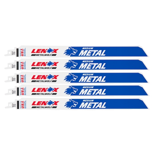 LENOX 2019012118R medium metal reciprocating saw blades, white and blue, pack of five, side view on white background.