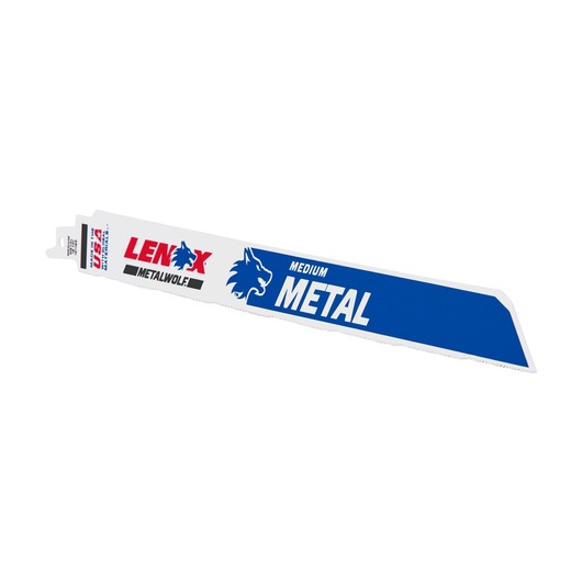 LENOX 2019012118R reciprocating saw blade, white and blue, labeled for medium metal, angled on white background.