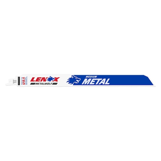 LENOX 20191B12118R medium metal reciprocating saw blade set, blue and white, flat lay angle.