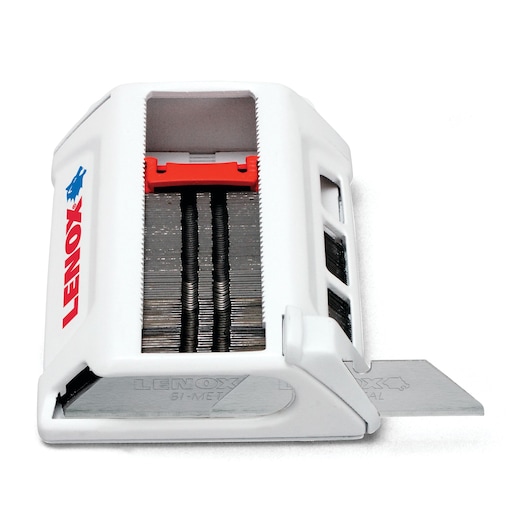 LENOX utility blade pack 20368BLUNT50D in a white plastic dispenser, front angle view showing metal blades.