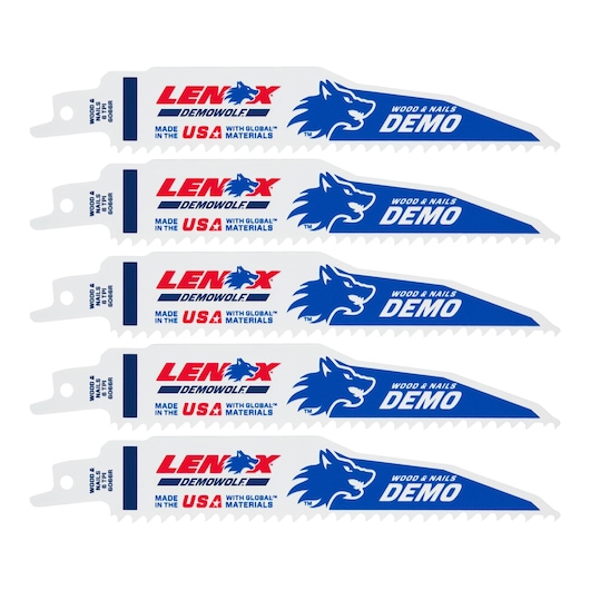 LENOX 203706066R5 white reciprocating saw blades five-pack, DEMOWOLF design, wood and nails, side angle on white.