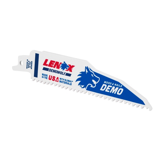 Photo of LENOX DEMOWOLF wood and nails reciprocating saw blade, blue and white, SKU 203706066R5, side angle.