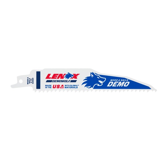 LENOX DEMOWOLF 203706066R5 reciprocating saw blade for wood and nails, white with blue and red branding, side angle.