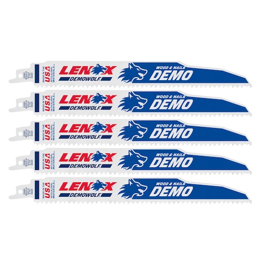 Photo of five LENOX DEMOWOLF reciprocating saw blades, SKU 20371966R5, blue and white with wolf logo, for wood and nails.