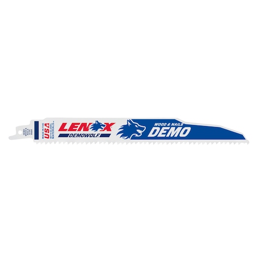 LENOX DEMOWOLF reciprocating saw blade, 20371966R5, white with blue and red graphics, wood and nails cutting, side view.