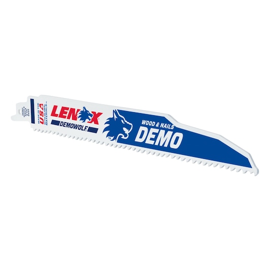 LENOX DEMOWOLF reciprocating saw blade 20371966R5 for wood and nails, white and blue, side angle on white background.