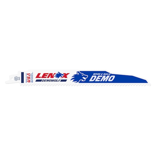 LENOX DEMOWOLF reciprocating saw blade for wood and nails, white and blue, SKU 20371966R5, side angle.