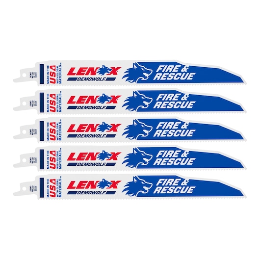 LENOX 20372960R5 reciprocating saw blade set, DEMONWOLF, Fire & Rescue, blue and white, 5 pack, front angle.