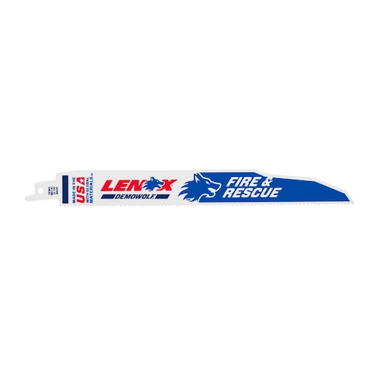 LENOX Demowolf Fire & Rescue reciprocating saw blade, blue and white, SKU 20372960R5, side angle on white background.