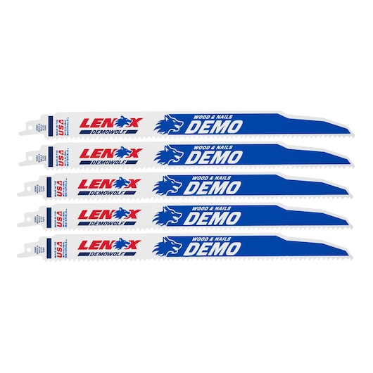 LENOX 20373106R5 white and blue reciprocating saw blades set, DEMOWOLF branding, wood & nails, front view.