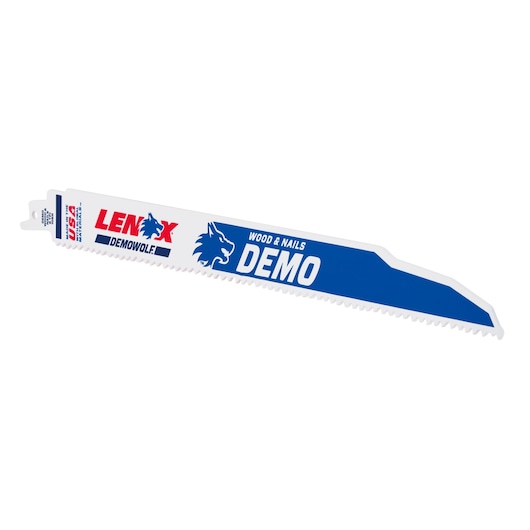 LENOX DEMOWOLF 20373106R5 reciprocating saw blade, white with blue and red text, angled side view.