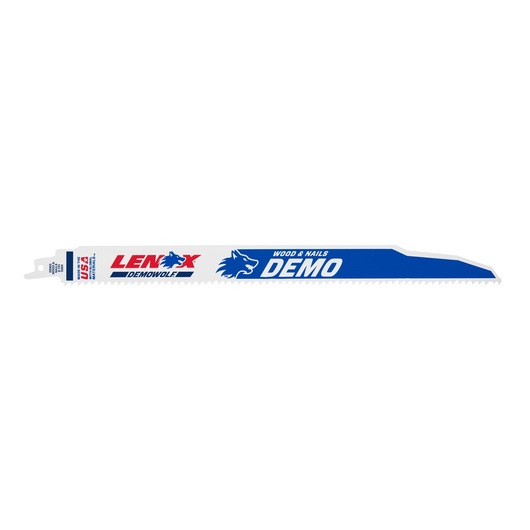 Photo of LENOX DEMOWOLF reciprocating saw blade 20373106R5, white and blue, for wood and nails, side angle on white.
