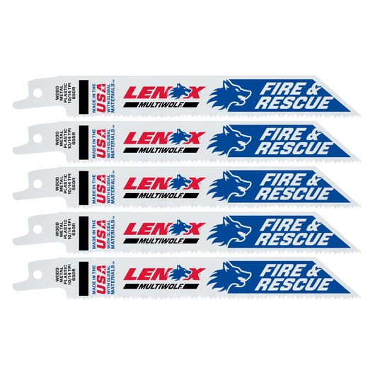 LENOX 20374650R5 MultiWolf fire and rescue reciprocating saw blades, white with blue and red branding, set of five, flat lay.