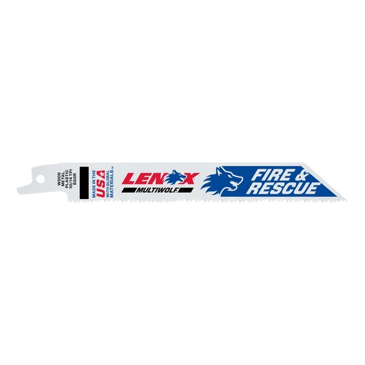 LENOX 20374650R5 reciprocating saw blade for fire and rescue, white blade with blue and red graphics, side view.