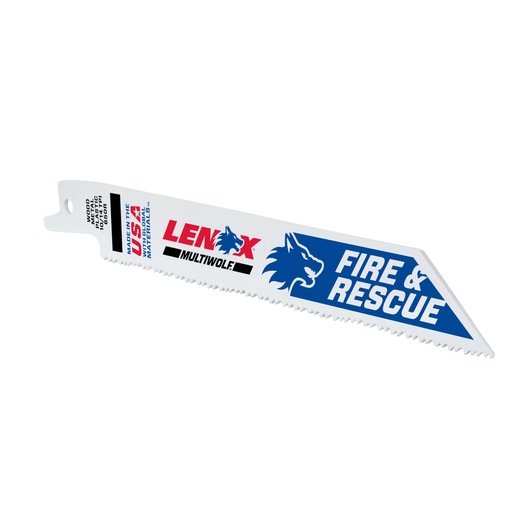 LENOX 20374650R5 reciprocating saw blade, white with blue and red Fire & Rescue text, angled view on white.