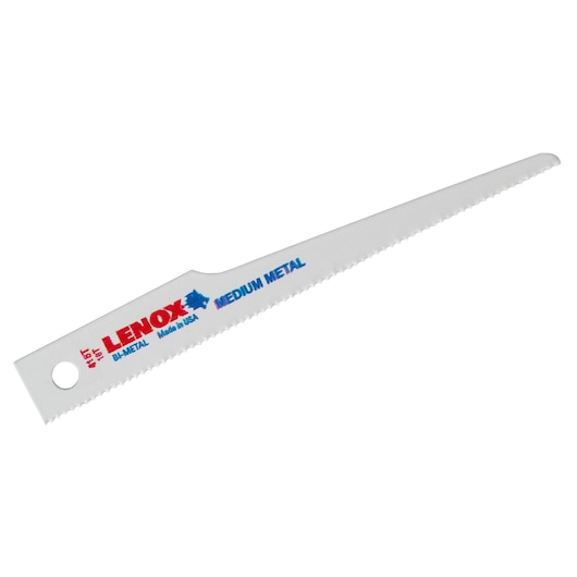LENOX 20423B418T bi-metal reciprocating saw blade, white, medium metal, side angle photography.