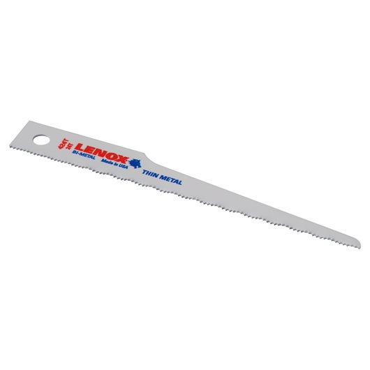 LENOX 20424B424T bi-metal reciprocating saw blade for thin metal, side angle, white background.